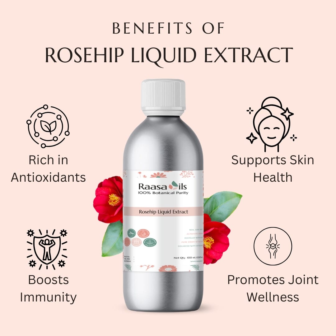 Bottle of Raasa Oils Rosehip Liquid Extract with benefits listed on a pink background
