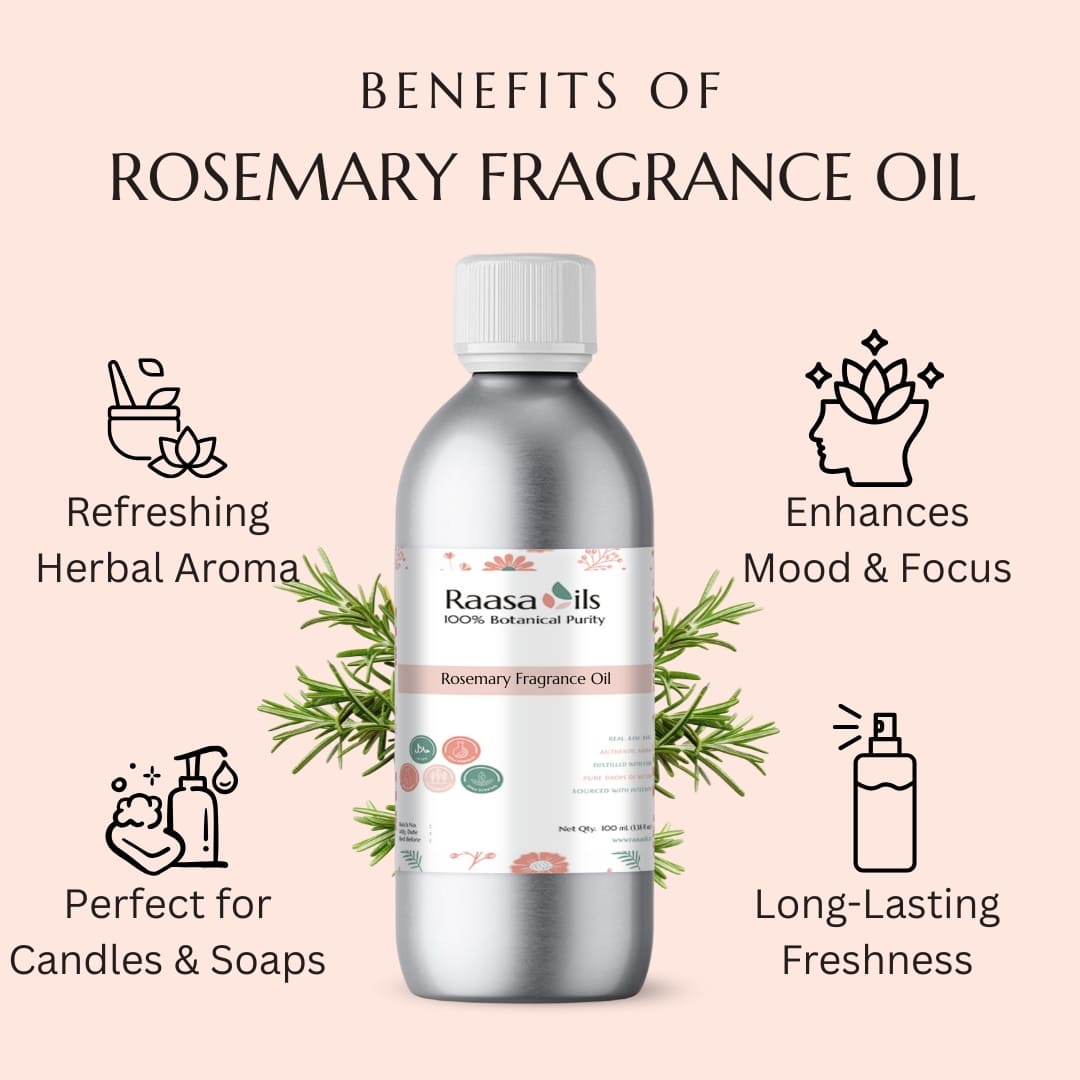 Rosemary fragrance oil bottle with benefits listed on a pink background