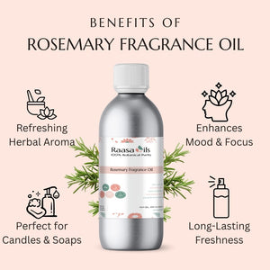Rosemary fragrance oil bottle with benefits listed on a pink background