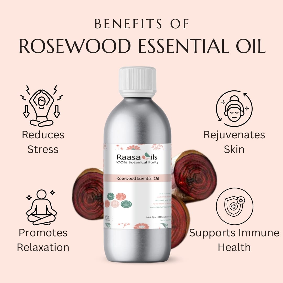Rosewood essential oil bottle with benefits on a light pink background