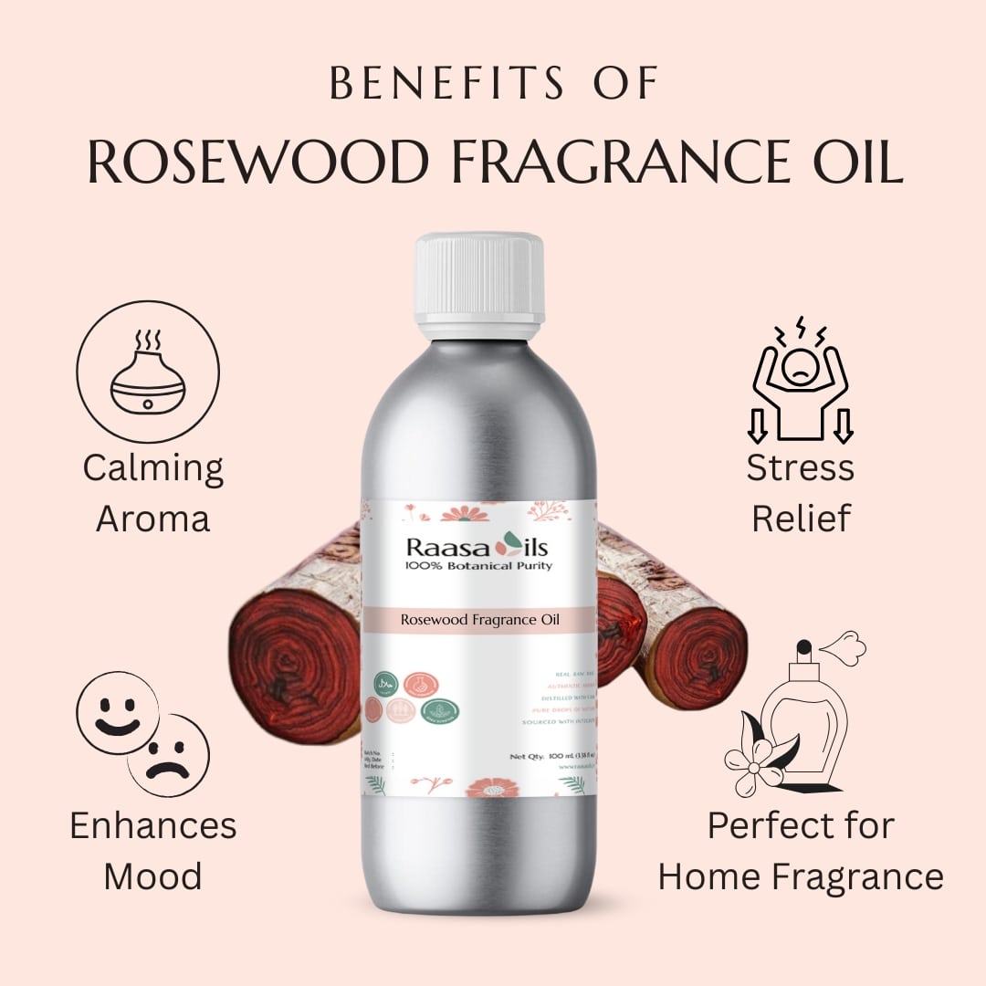 Rosewood fragrance oil bottle with benefits on a light pink background