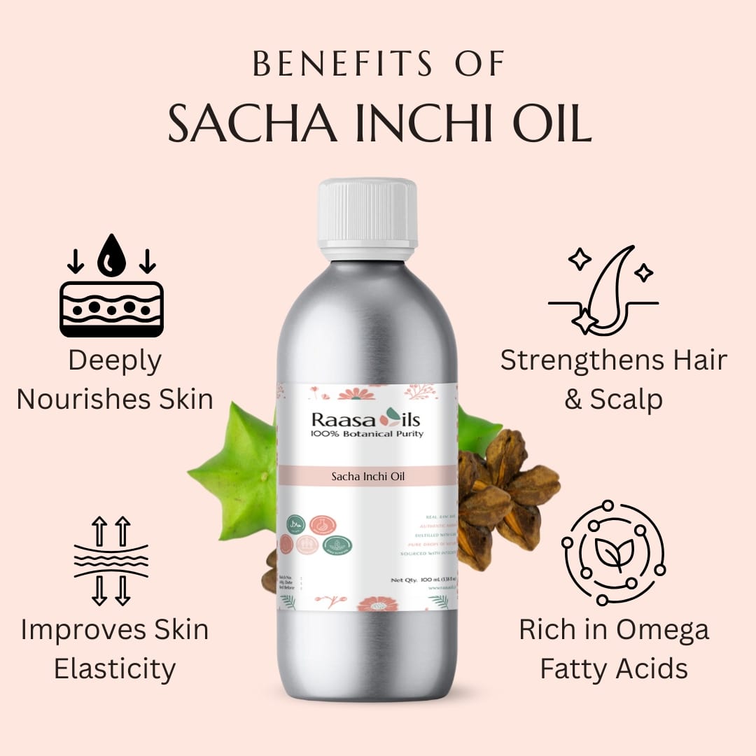 Bottle of Raasa Oils Sacha Inchi Oil with benefits listed on a pink background
