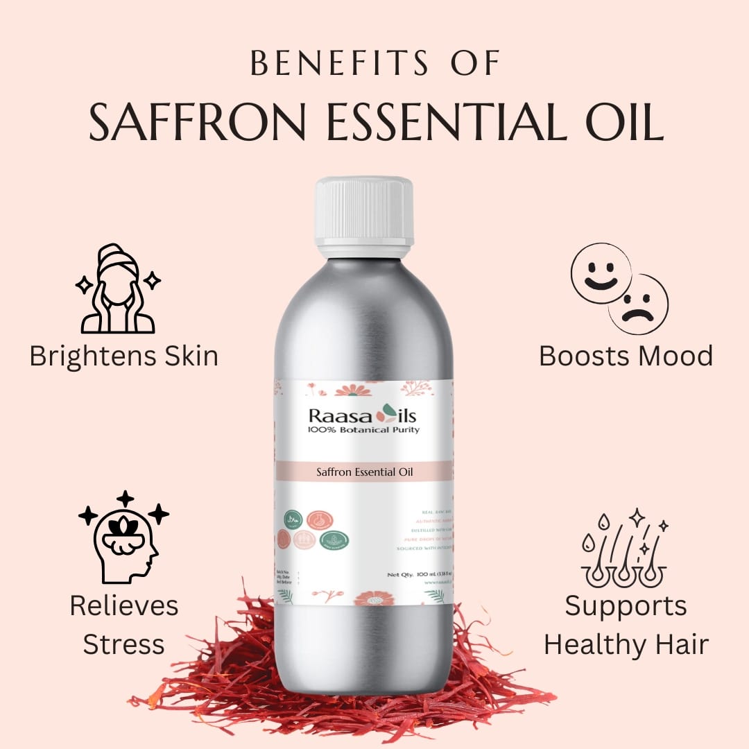 Saffron essential oil bottle with benefits listed on a pink background