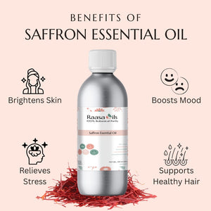 Saffron essential oil bottle with benefits listed on a pink background