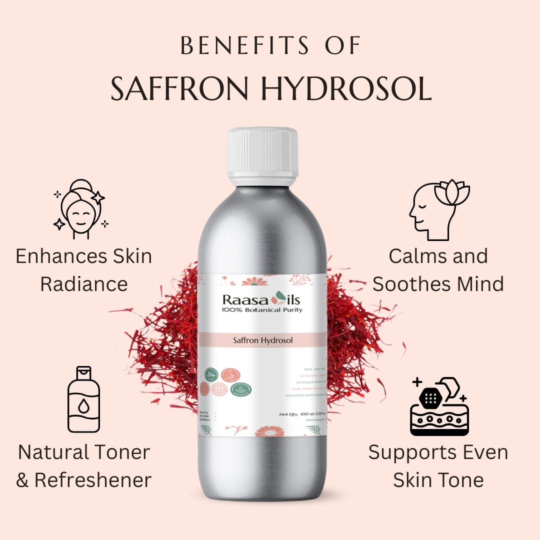 Saffron hydrosol bottle with benefits listed on a pink background