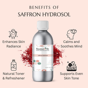 Saffron hydrosol bottle with benefits listed on a pink background