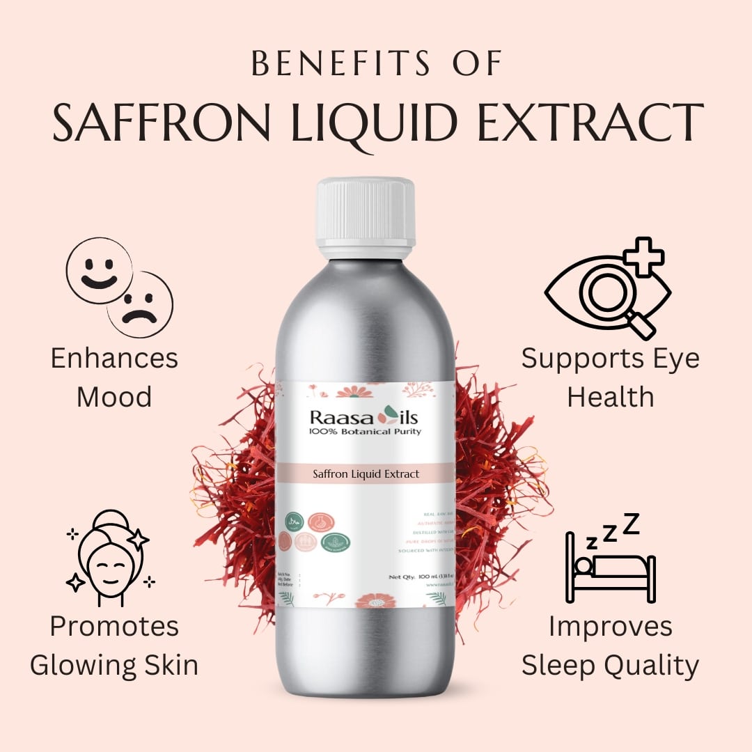 Saffron liquid extract bottle with benefits listed on a pink background