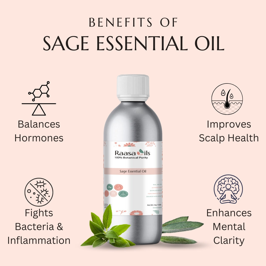 Bottle of Raasa Oils Sage Essential Oil with benefits listed on a pink background