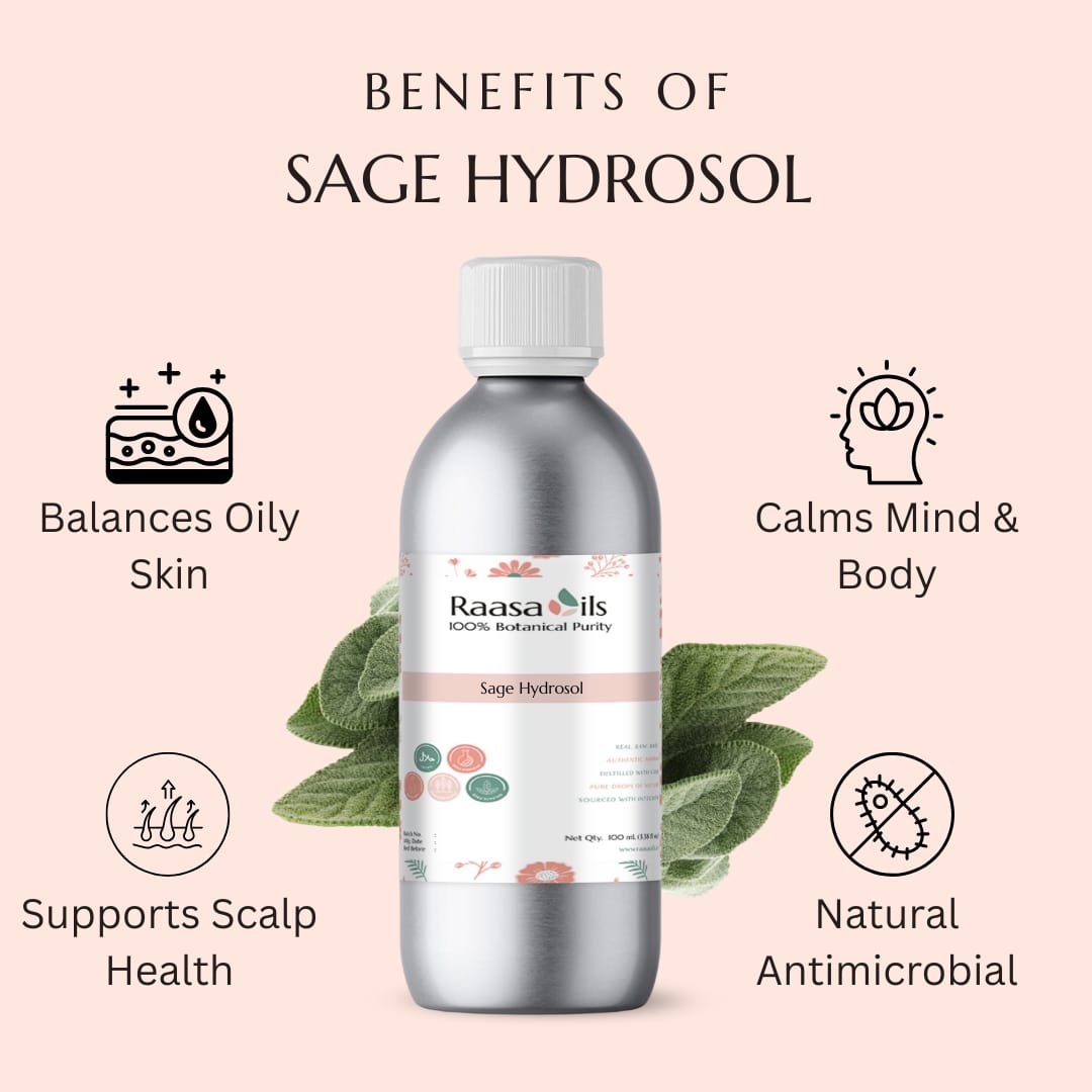 Bottle of Raasa Oils Sage Hydrosol with benefits listed on a pink background