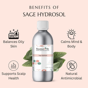 Bottle of Raasa Oils Sage Hydrosol with benefits listed on a pink background