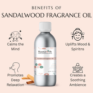 Sandalwood fragrance oil bottle with benefits listed on a beige background