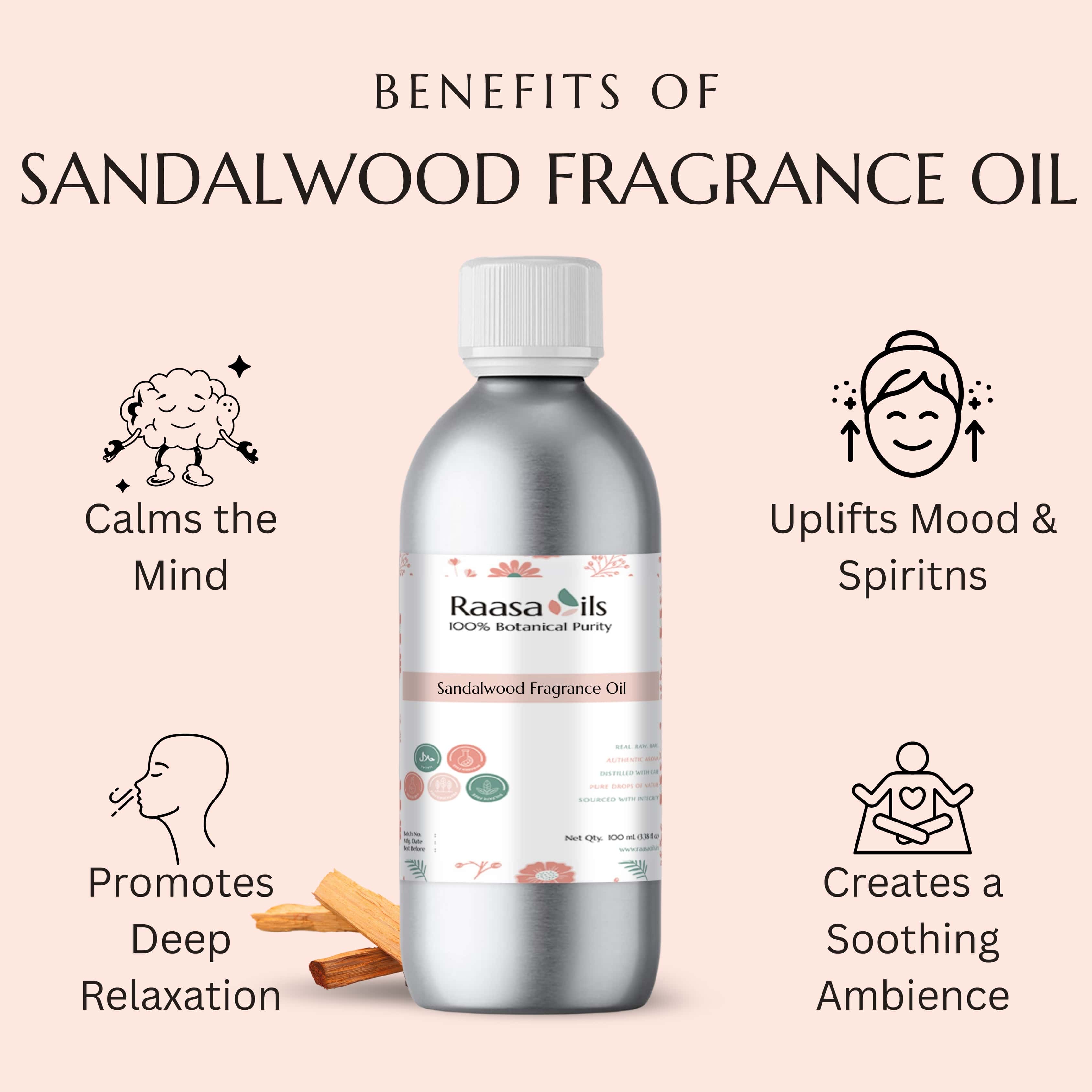 Sandalwood fragrance oil bottle with benefits listed on a beige background