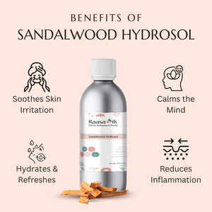 Sandalwood hydrosol bottle with benefits listed on a pink background