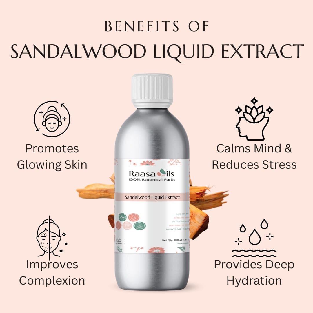 Sandalwood liquid extract bottle with benefits listed on a light pink background