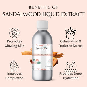 Sandalwood liquid extract bottle with benefits listed on a light pink background