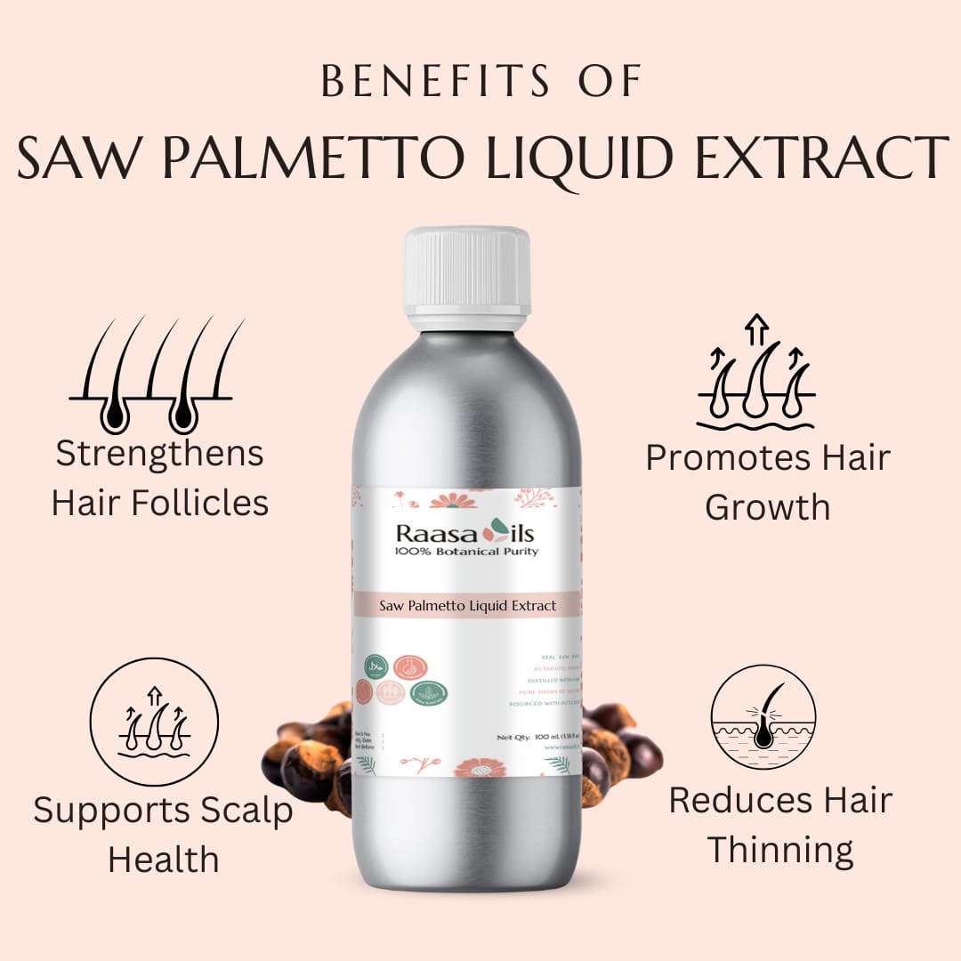 Bottle of Raasa Oils Saw Palmetto Liquid Extract with benefits listed on a beige background