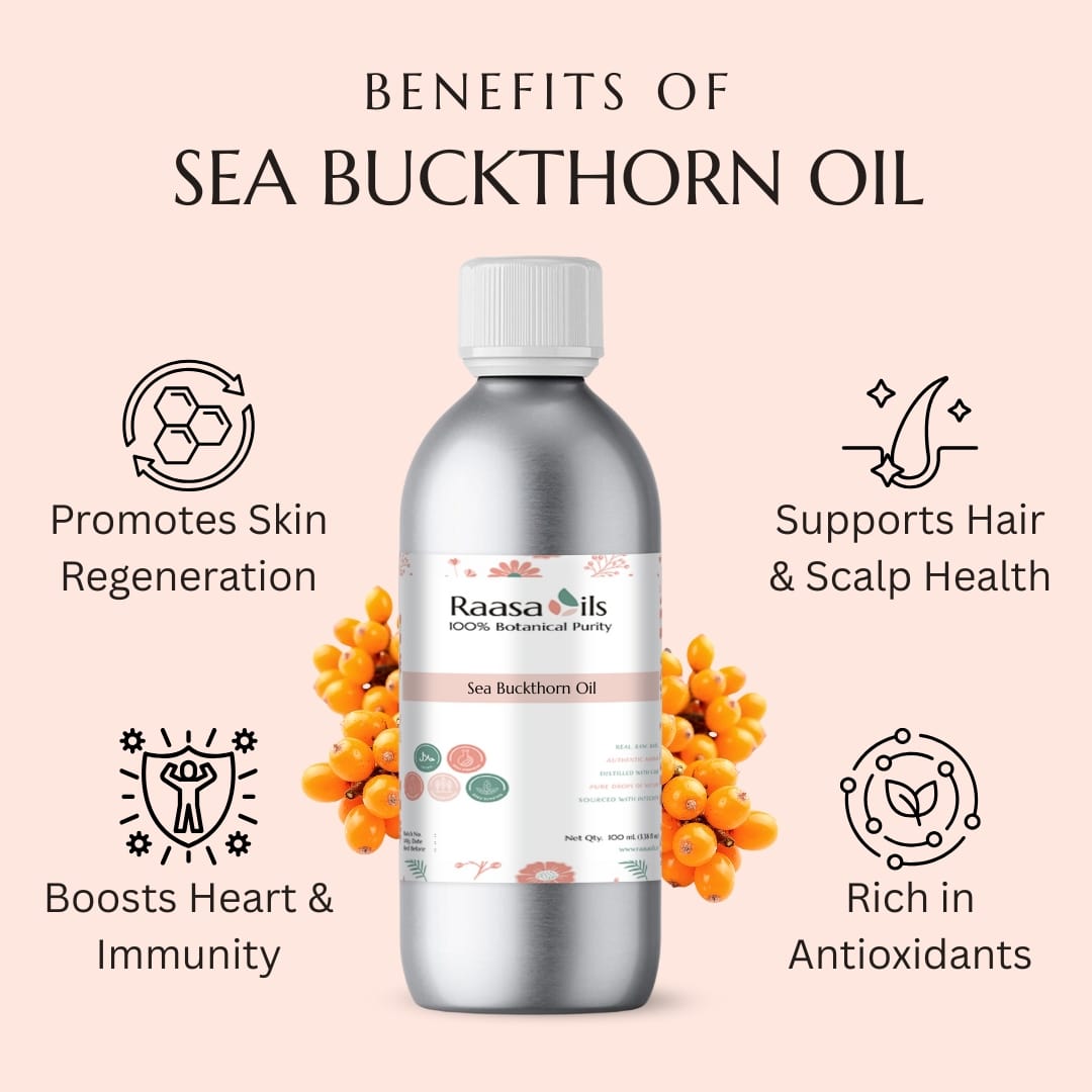 Raasa Oils Sea Buckthorn Oil bottle with benefits listed on a pink background