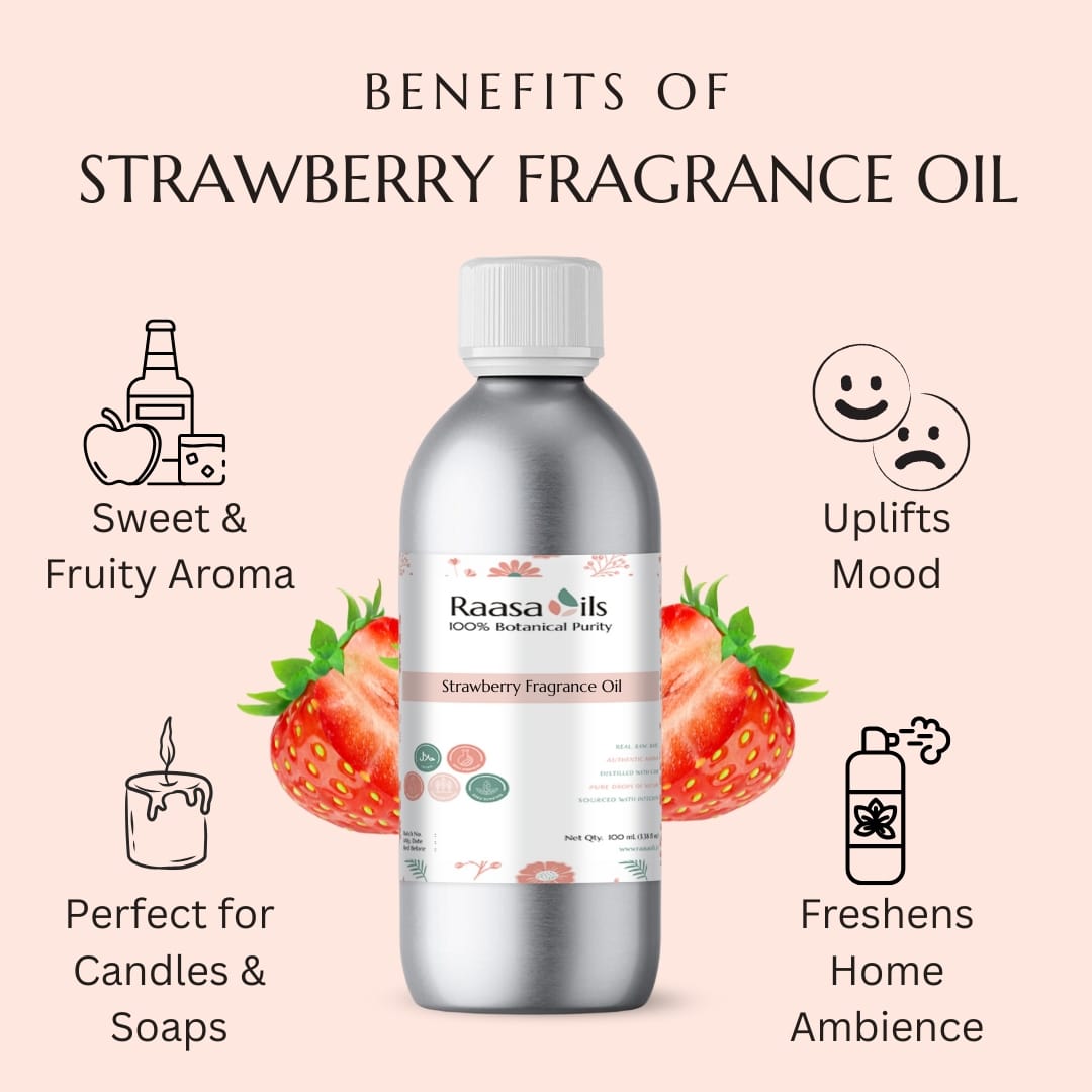 Bottle of strawberry fragrance oil with benefits listed on a pink background