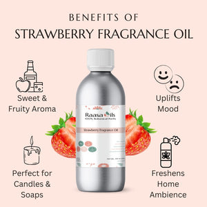 Bottle of strawberry fragrance oil with benefits listed on a pink background