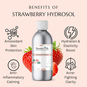 Bottle of Raasa Oils Strawberry Hydrosol with benefits listed on a pink background