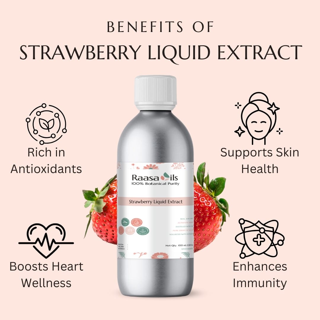 Bottle of Raasa Oils Strawberry Liquid Extract with benefits listed on a pink background