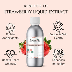 Bottle of Raasa Oils Strawberry Liquid Extract with benefits listed on a pink background