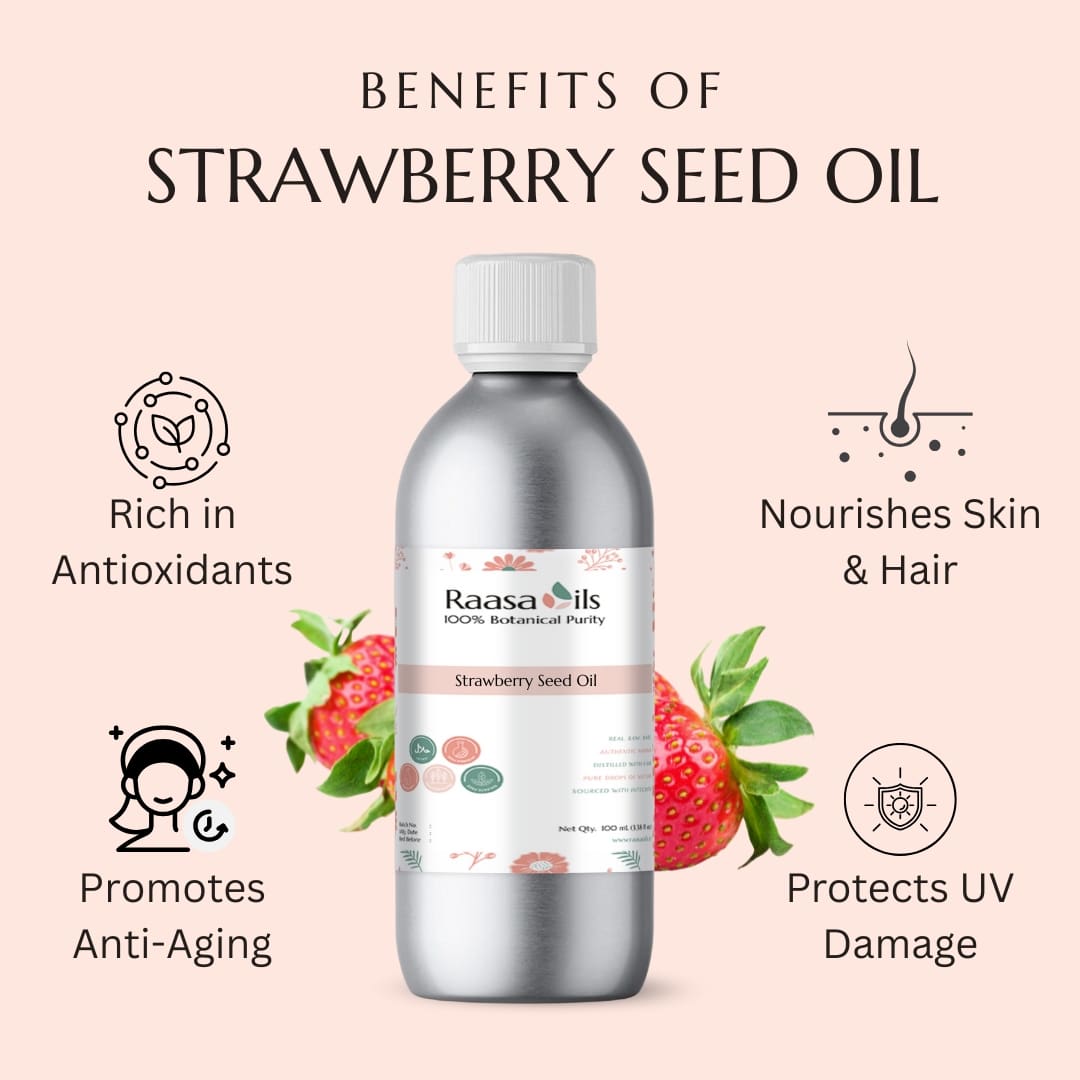 Bottle of Raasa Oils Strawberry Seed Oil with benefits listed on a pink background