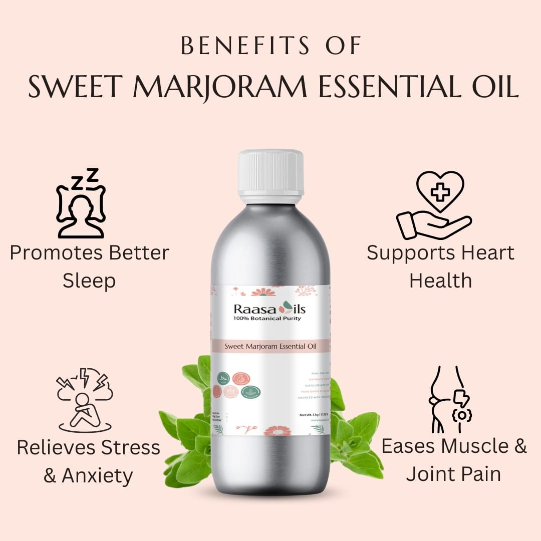 Bottle of Raasa Oils Sweet Marjoram Essential Oil with benefits listed on a pink background