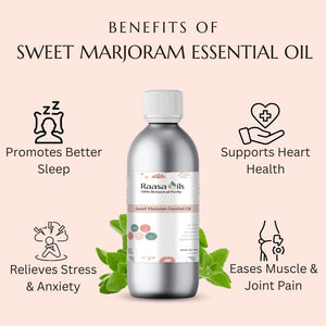 Bottle of Raasa Oils Sweet Marjoram Essential Oil with benefits listed on a pink background
