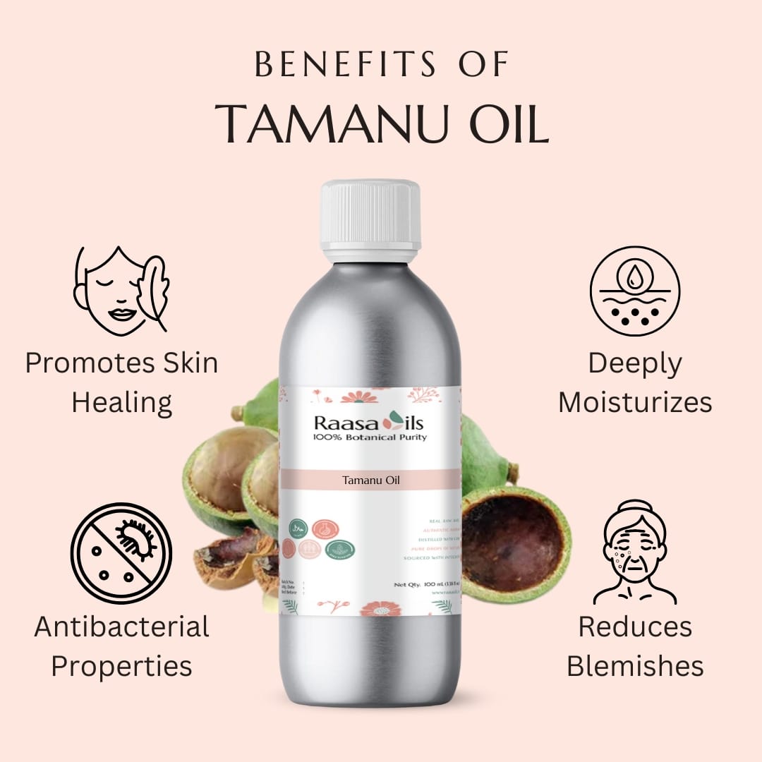 Bottle of Raasa Oils Tamanu Oil with benefits listed on a pink background