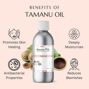 Bottle of Raasa Oils Tamanu Oil with benefits listed on a pink background
