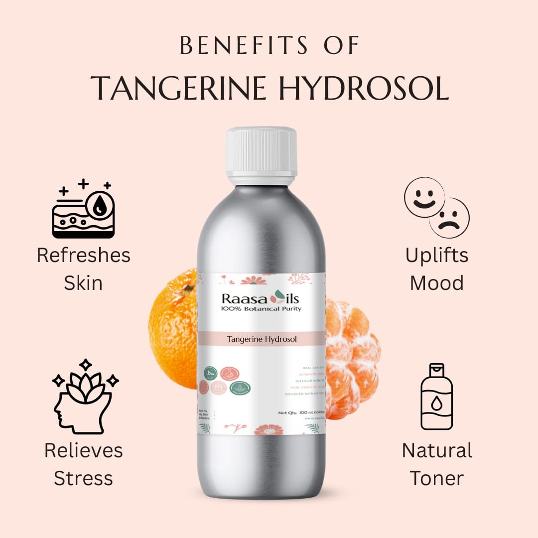 Bottle of Raasa Oils Tangerine Hydrosol with benefits listed on a pink background