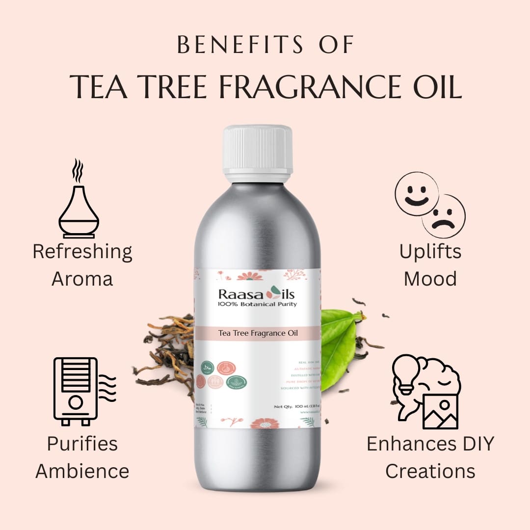 Tea tree fragrance oil bottle with benefits listed on a pink background