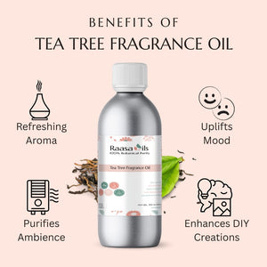 Tea tree fragrance oil bottle with benefits listed on a pink background