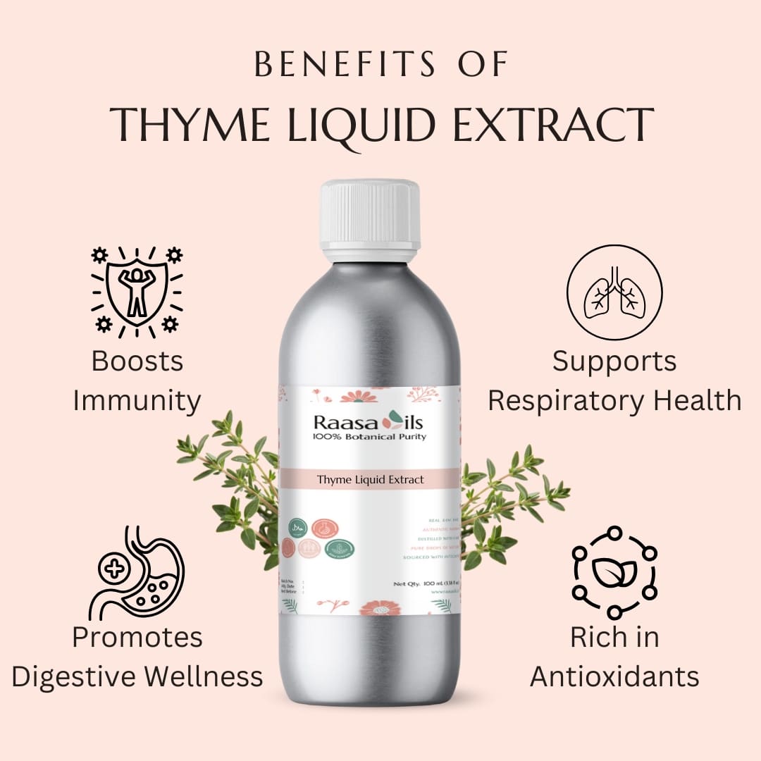 Bottle of Raasa Oils Thyme Liquid Extract with benefits listed on a light pink background