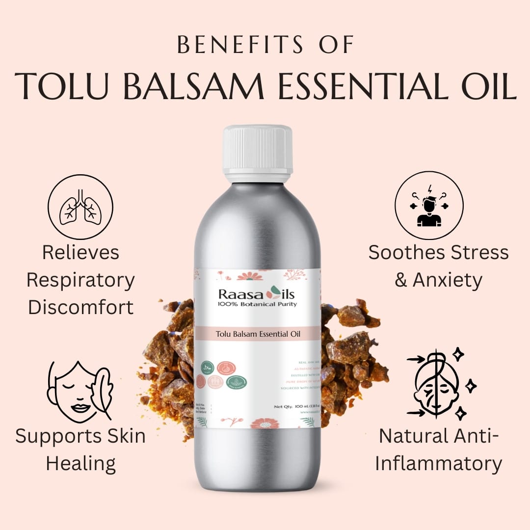 Bottle of Tolu Balsam Essential Oil with benefits listed on a beige background