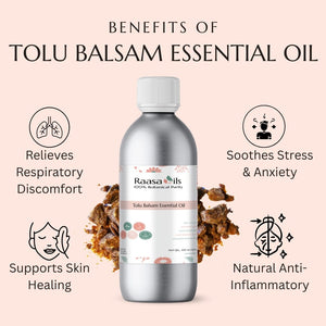Bottle of Tolu Balsam Essential Oil with benefits listed on a beige background