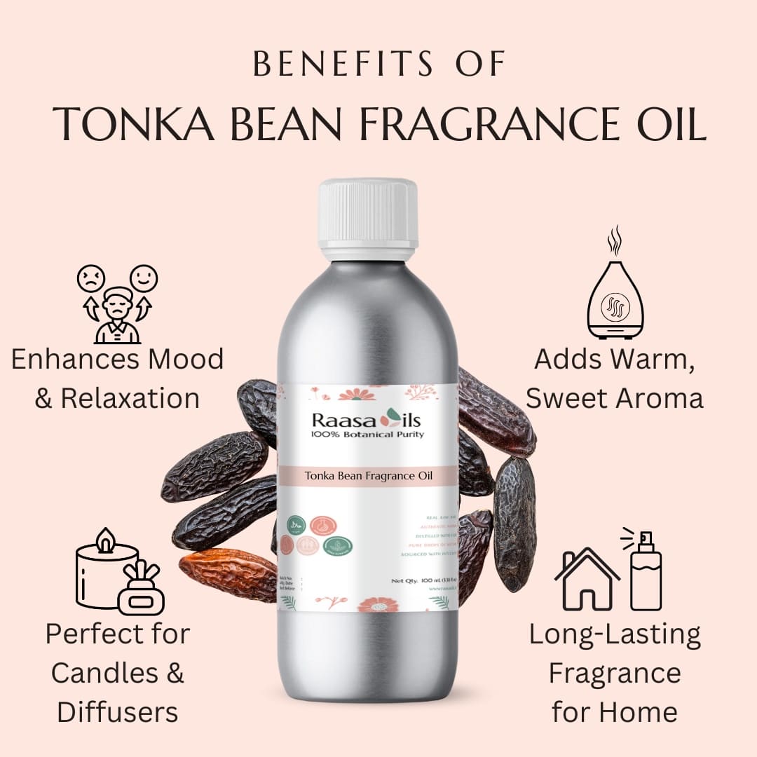 Bottle of Tonka Bean Fragrance Oil with benefits listed on a pink background