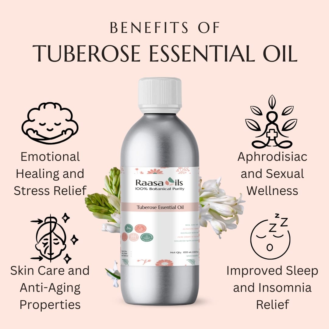 Raasa Oils Tuberose Essential Oil bottle with benefits listed on a pink background