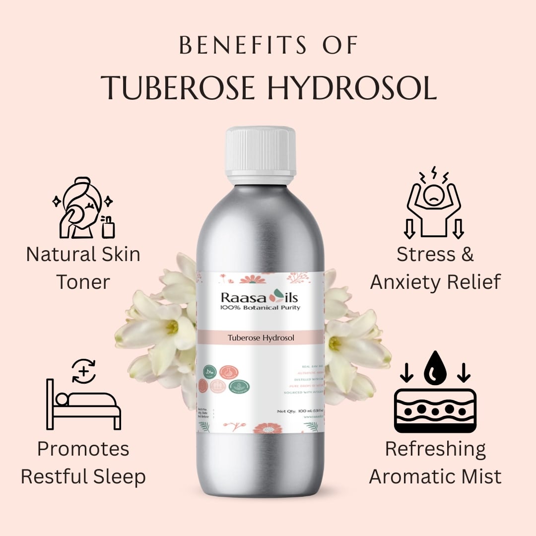 Bottle of Raasa Oils Tuberose Hydrosol with benefits listed on a pink background