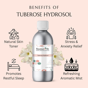 Bottle of Raasa Oils Tuberose Hydrosol with benefits listed on a pink background