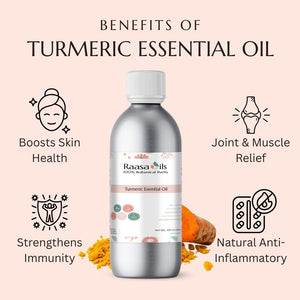 Raasa Oils Turmeric Essential Oil bottle with benefits listed on a pink background