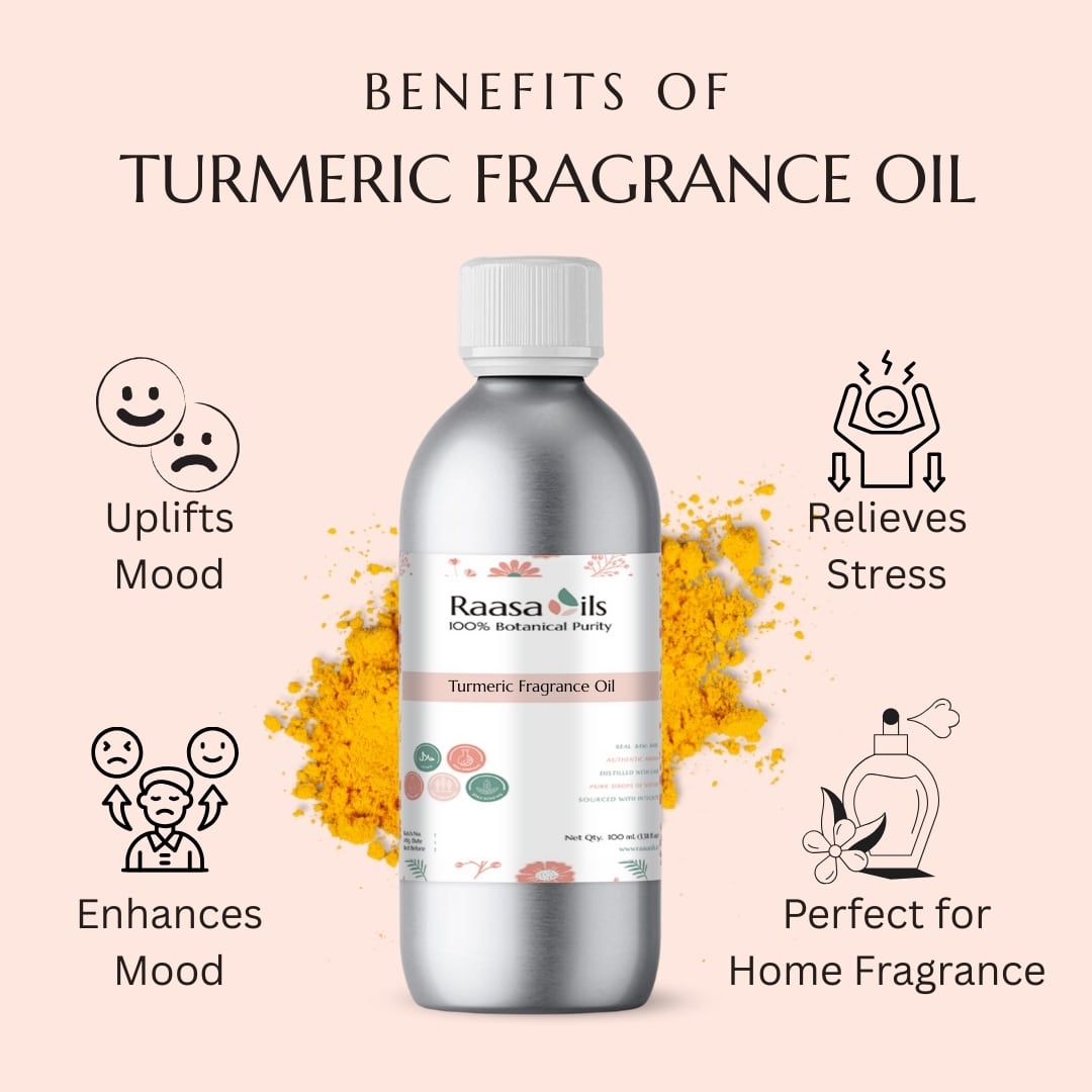 Turmeric fragrance oil bottle with benefits on a pink background