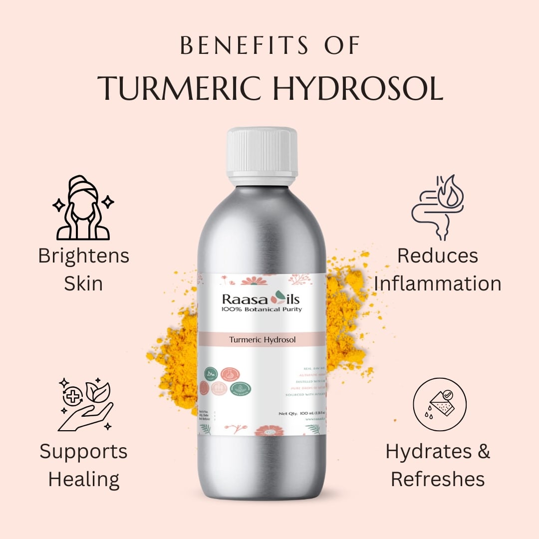 Turmeric hydrosol bottle with benefits listed on a pink background