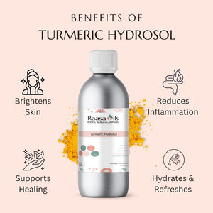 Turmeric hydrosol bottle with benefits listed on a pink background