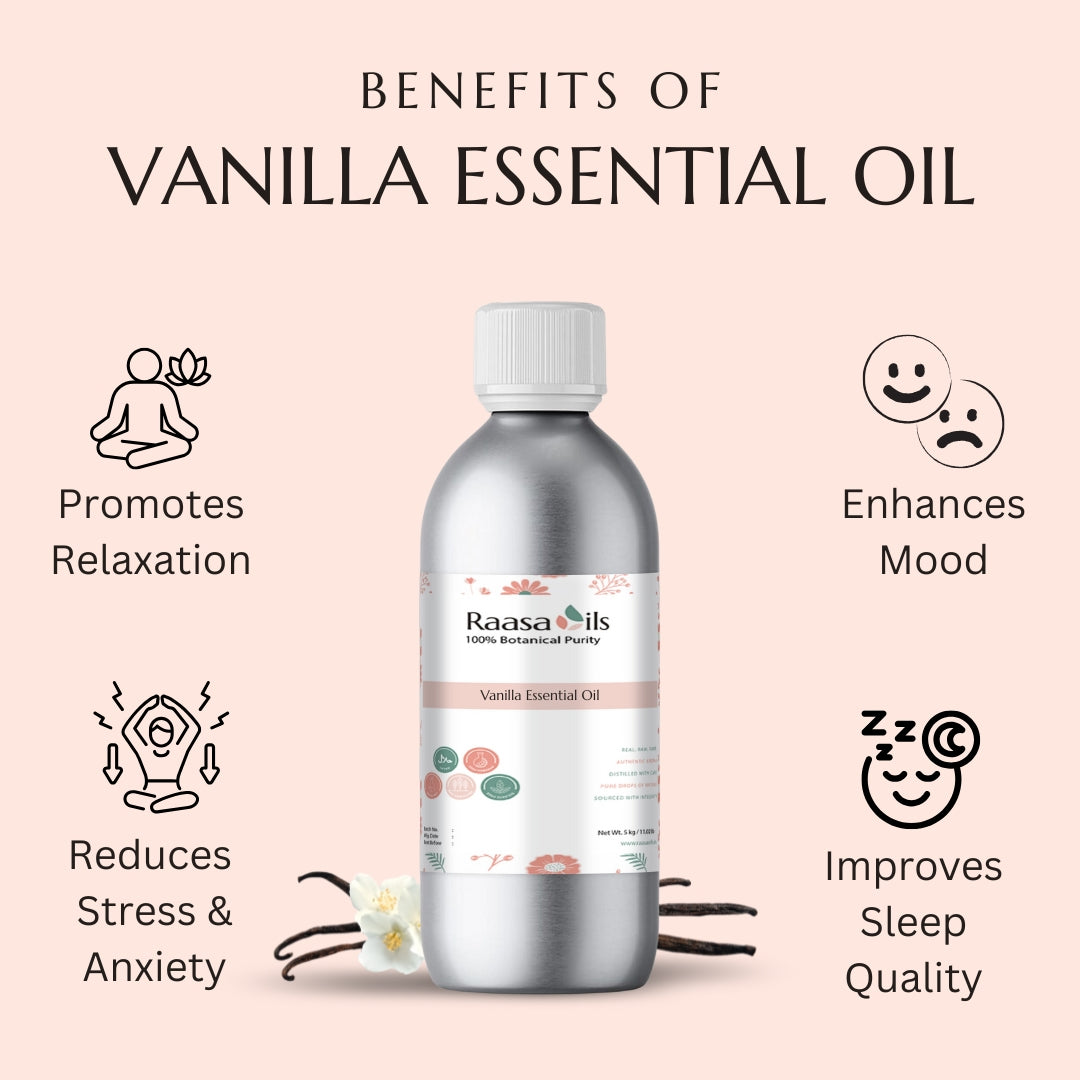 Bottle of Raasa Oils Vanilla Essential Oil with benefits listed on a pink background