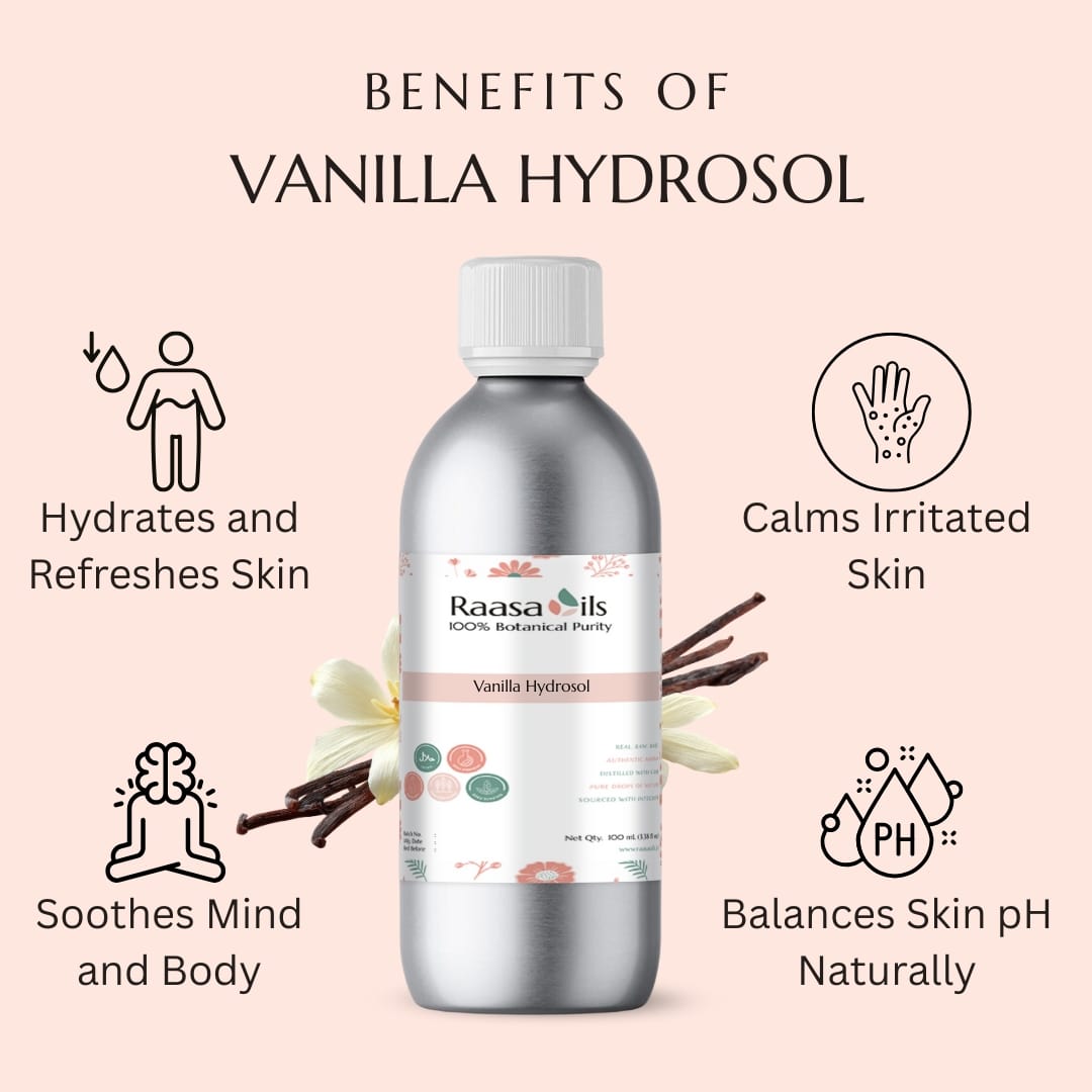Bottle of Raasa Oils Vanilla Hydrosol with benefits listed on a pink background