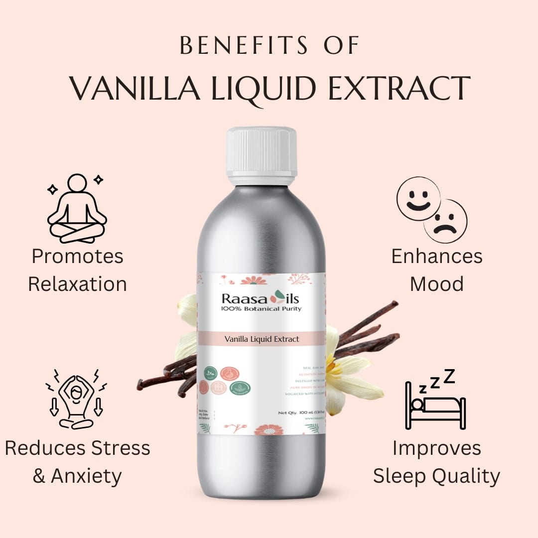 Bottle of Raasa Oils Vanilla Liquid Extract with benefits listed on a pink background