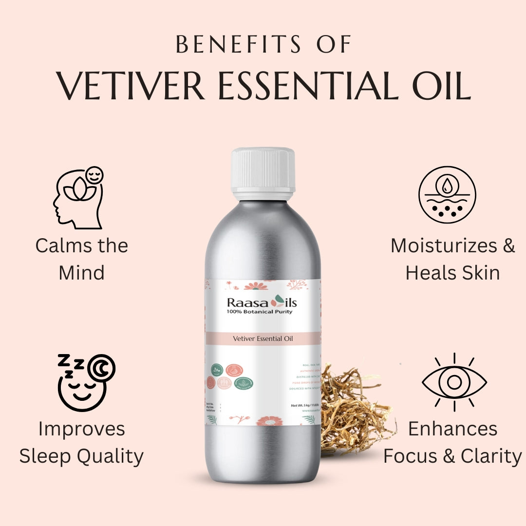 Bottle of Raasa Oils Vetiver Essential Oil with benefits listed on a pink background