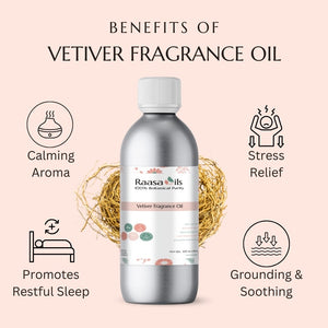 Bottle of Raasa Oils Vetiver Fragrance Oil with benefits listed on a pink background